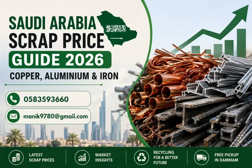 Saudi Arabia scrap price guide 2026 showing copper, aluminium and iron scrap with updated KSA metal recycling market information and contact details.